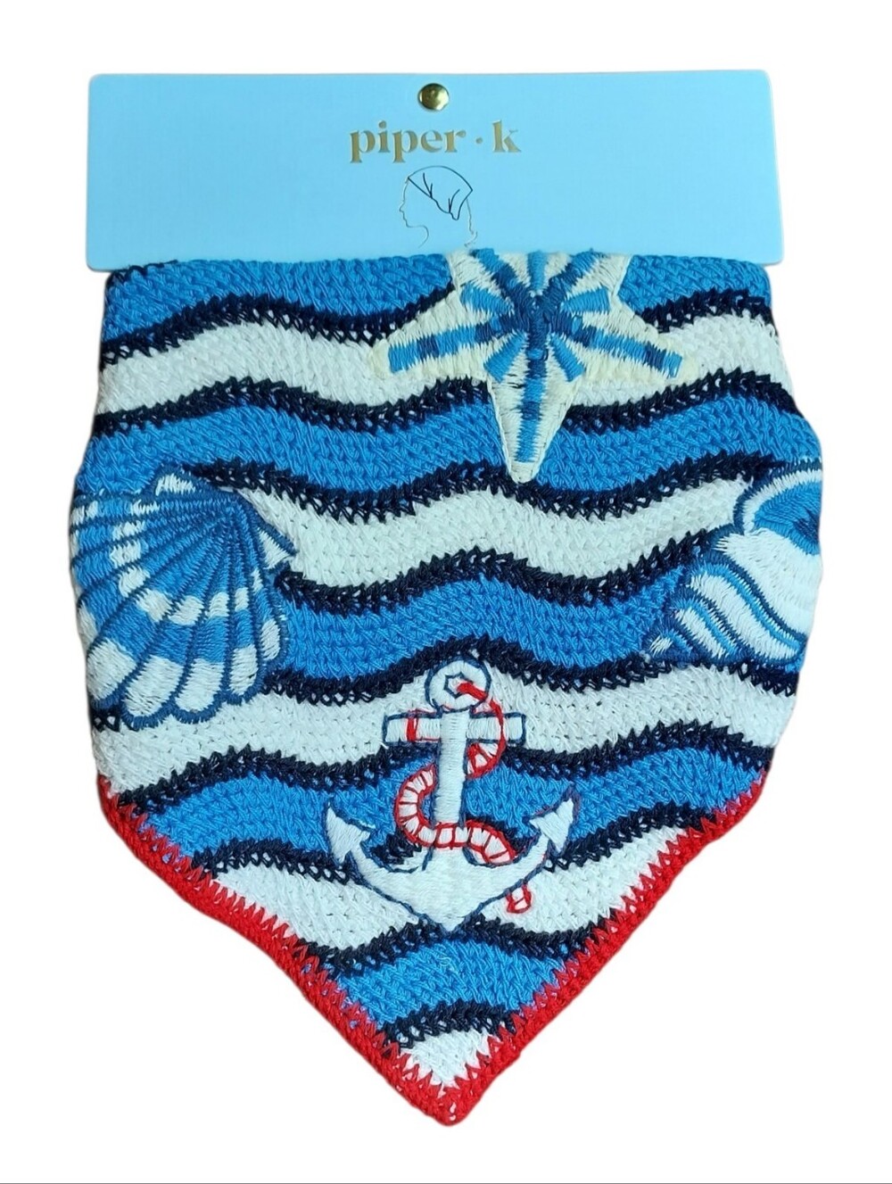 Piper K Blue Nautical Knit Head Scarf with Red Trim NWT